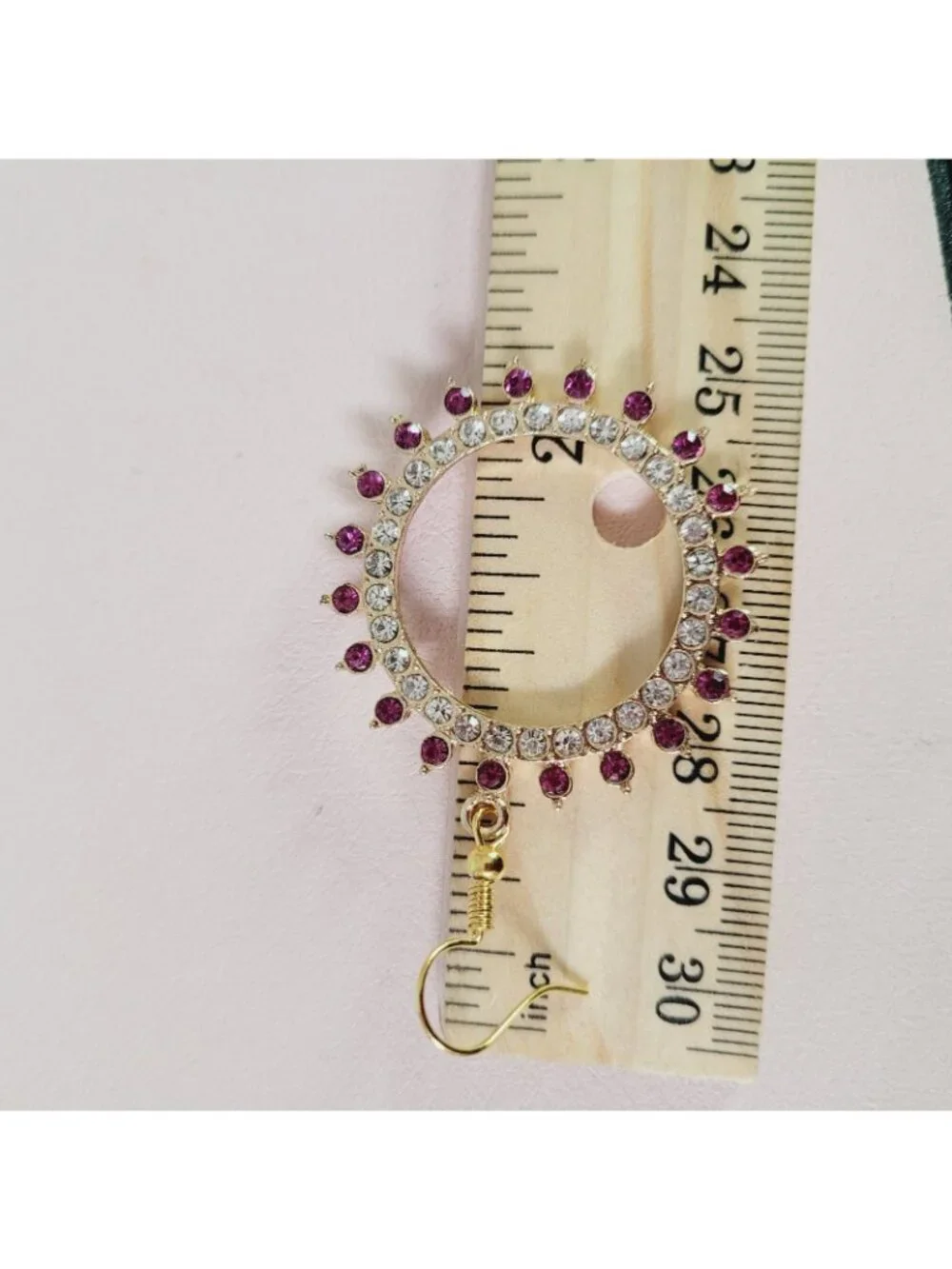 Dark Pink & Clear Rhinestone Circular Drop Dangle Earrings Gold Tone